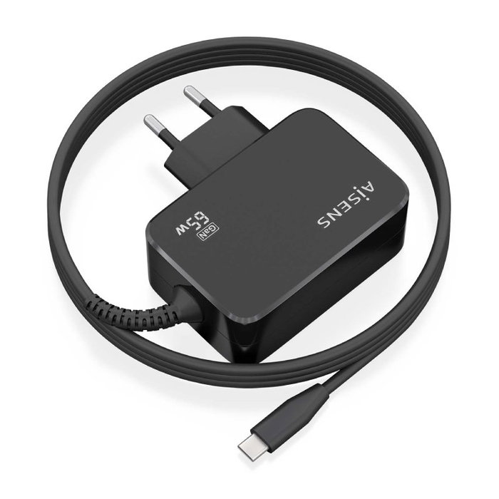 Aisens Cargador GaN 65W USB-C PD3.0 con Cable 1,8m Negro ASCH-1PD65WL033-BK